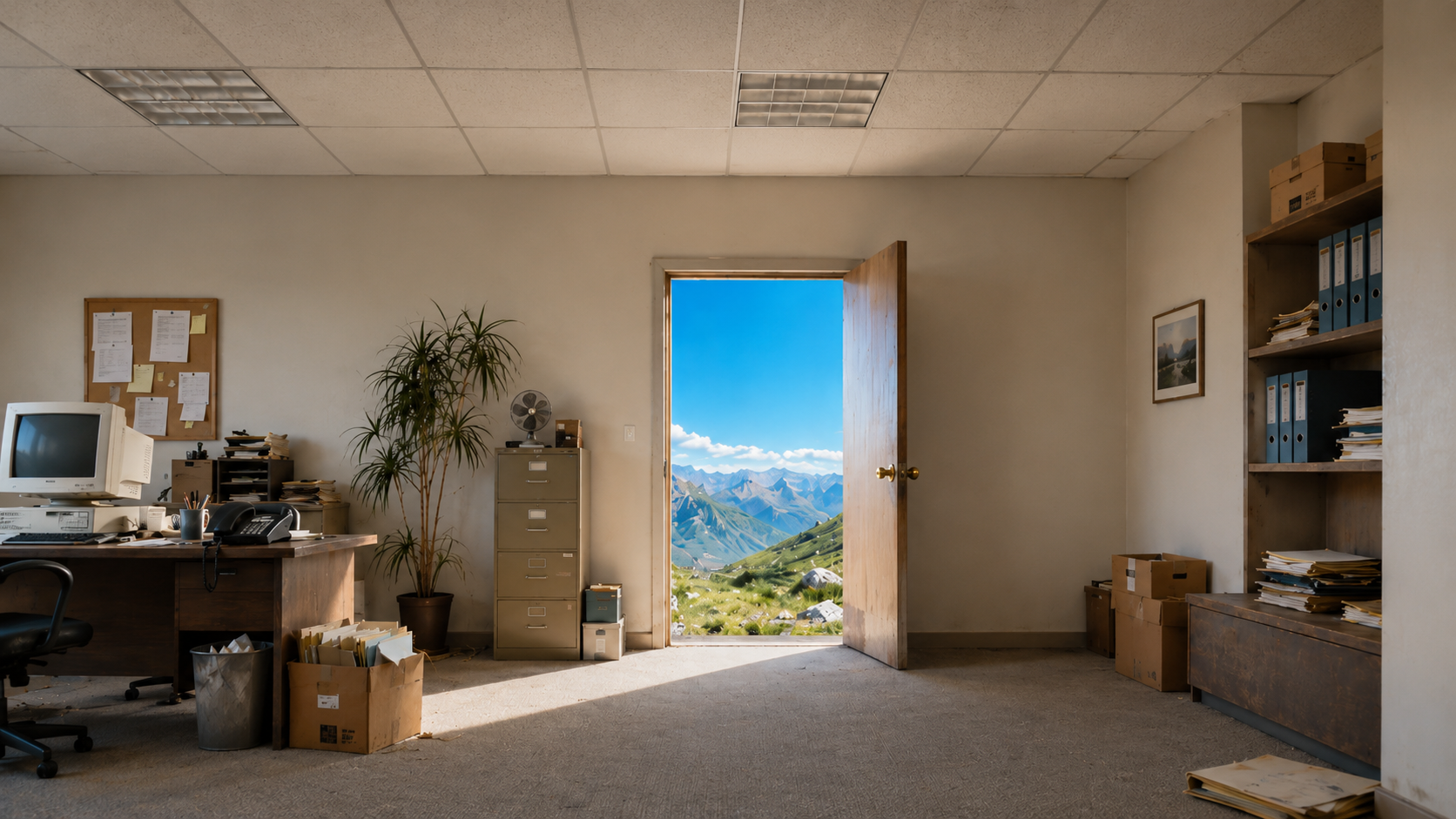Office door opening to mountain landscape